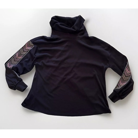 Savanna Jane Top 1X Slouchy Turtleneck Black Shirt Embroidered Boho Tulip Hem - Picture 1 of 9